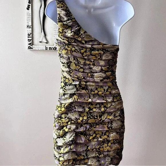 Zara Floral Chiffon Ruched One Shoulder Mini Dress Size XS - Picture 5 of 11